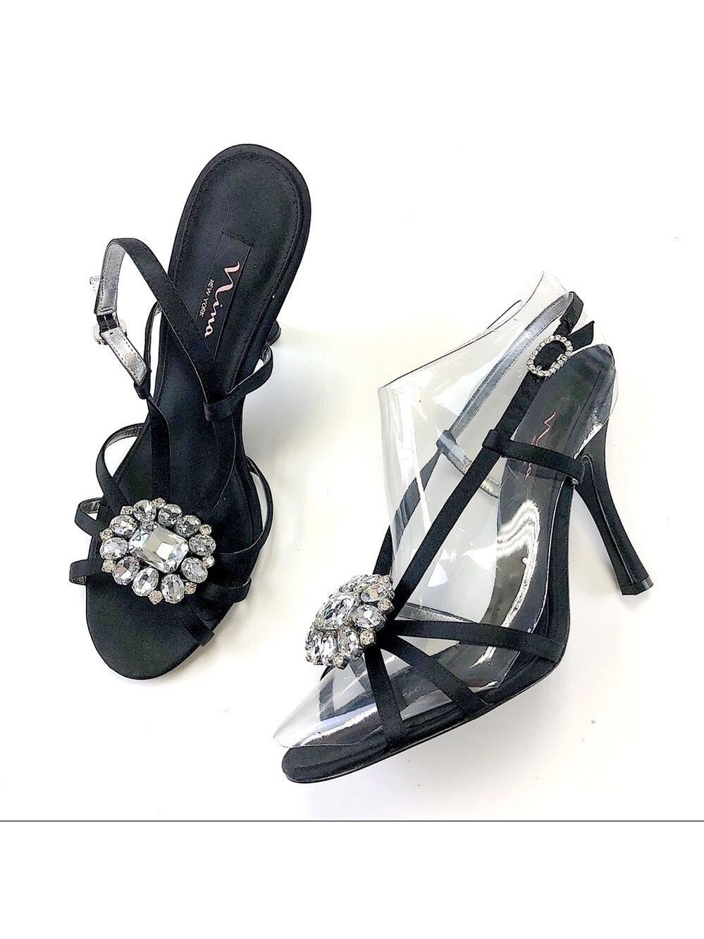 𝅺NINA black satin strappy crystal sandals Size 10  party cocktail formal dressy